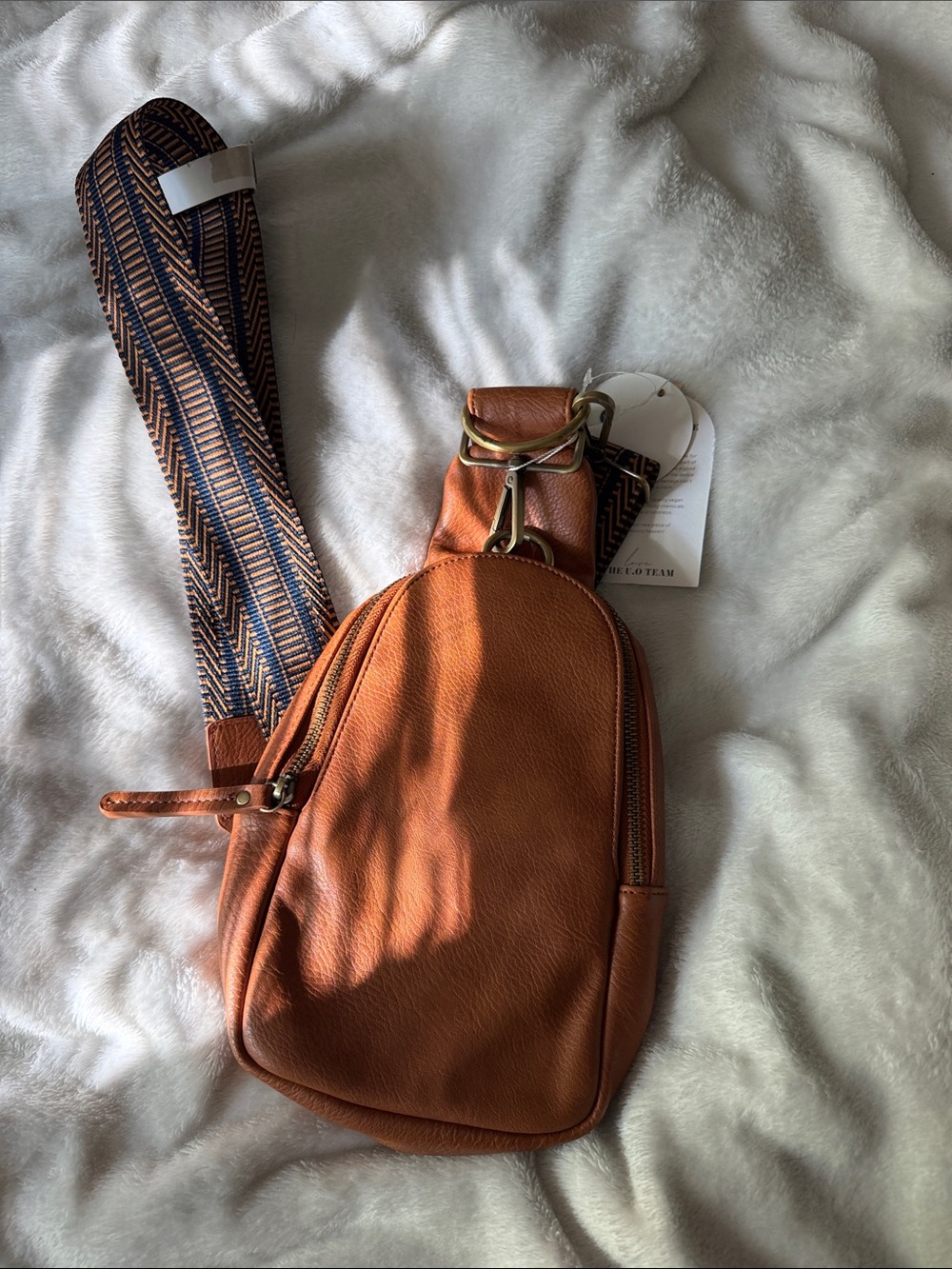 Urban Outfitters Cognac Leather Crossbody Sling with Patterned Navy Strap